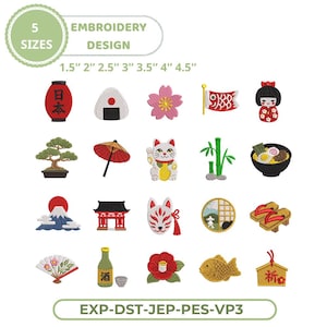 May include: A digital collection of 20 Japanese-themed embroidery designs in 5 sizes ranging from 1.5 to 4.5 inches. The set includes icons like a red lantern, onigiri, cherry blossom, koinobori, kokeshi doll, bonsai, umbrella, maneki-neko, and ramen.