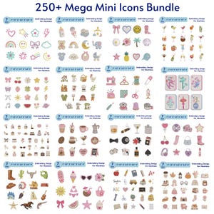 Op de afbeelding: Een verzameling van 250+ mini borduuriconen, waaronder harten, sterren, regenbogen en diverse andere ontwerpen. De iconen zijn gerangschikt in rijen en kolommen, met de tekst "Embroidery Design for Machines" en "Size" zichtbaar.