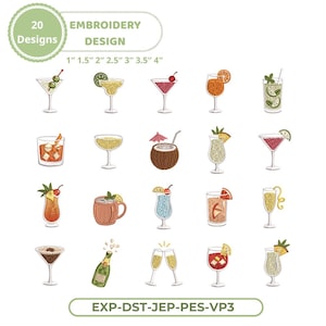 May include: An embroidery design sheet featuring 20 cocktail designs. The designs include various cocktails with garnishes like olives, cherries, and citrus fruits. The text "EMBROIDERY DESIGN" and size measurements are also included.