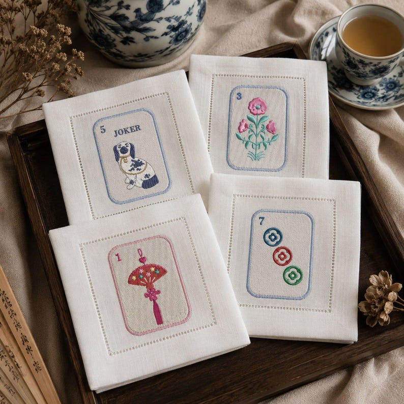 May include: Four white linen coasters with embroidered card-themed designs. Each coaster features a different design: a dog, flowers, a fan, and colorful circles. The coasters are arranged on a wooden tray, with a teacup and decorative vase in the background.