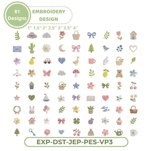 81 mini borduurpatronen voor de lente, schattige paas- en zomerpictogrammen, kleine bloemen-, fruit- en dierenmotieven, 7 maten, direct te downloaden.