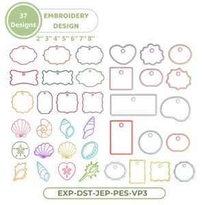 Puede incluir: Una hoja de diseño de bordado con 37 diseños, incluyendo etiquetas, marcos y conchas marinas. Los diseños están delineados en varios colores y tamaños, que van de 5 a 20 cm. Se muestra el texto "EMBROIDERY DESIGN".