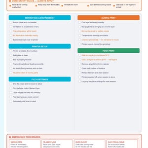 以下が含まれることがあります： 3Dプリンターの安全チェックリスト。基本安全規則、作業スペース、プリンター設定、ファイル設定、印刷中および印刷後の手順、緊急手順のセクションがあります。3D印刷のリマインダーと安全に関するヒントが含まれています。