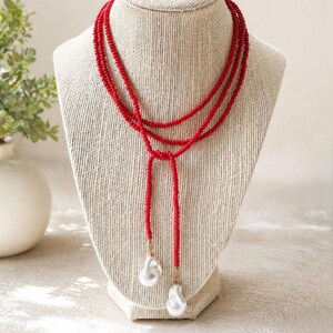 Red Glass Seed Bead Lariat Necklace with Baroque Pearl Pendants | 54” Long Wrap Necklace | Game Day | Rush Jewelry image 1