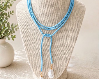 Light Blue Glass Seed Bead Lariat Necklace with Baroque Pearl Pendants | 54” Long Wrap Necklace | Game Day