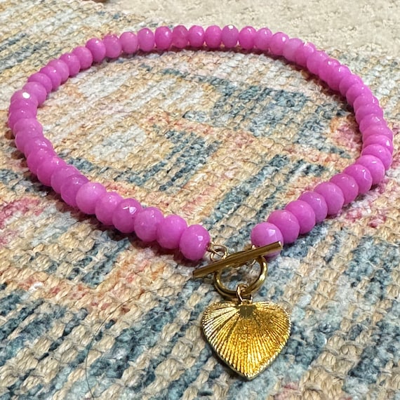 Pink Jade Bead Necklace With Toggle and Heart Charm