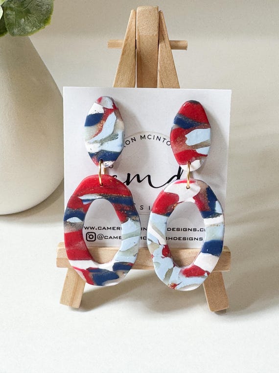 Red White and Blue Polymer Clay  Earrings on Post | Oval | Lightweight | 4th of July | Patriotic | Ole Miss | One of A Kind