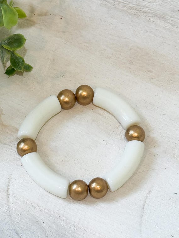 Off White Acrylic Tube and Gold Wood Bead Stretch Bracelet | Chunky Statement Bracelet