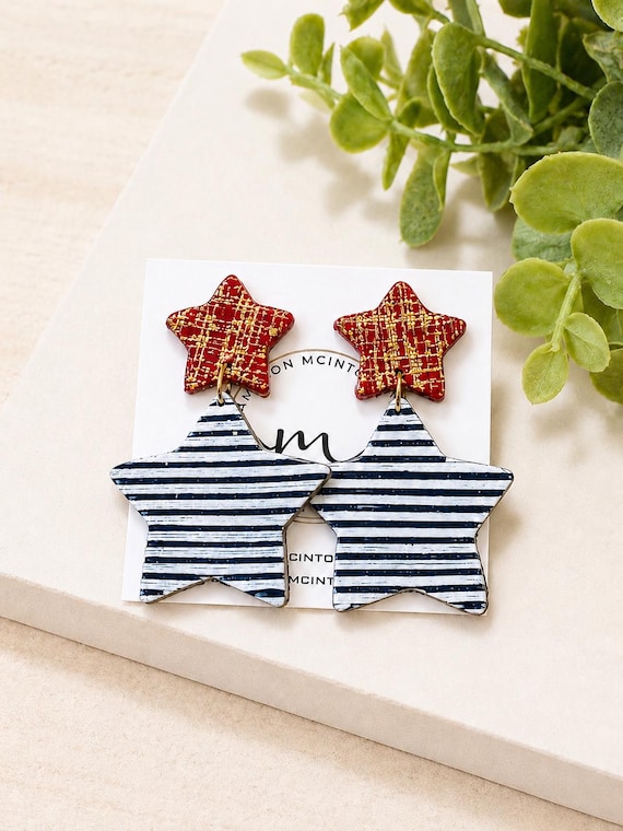 Patriotic Star Dangle Earrings | Handmade Polymer Clay Earrings | Red, Gold, Navy White Stars | Lightweight Fourth of July Jewelry
