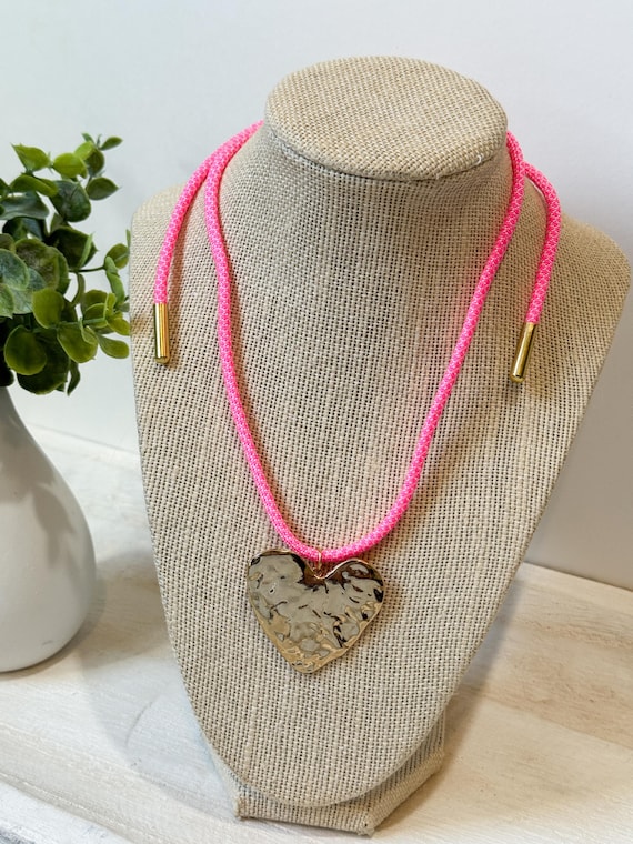 Pink + White Cord Necklace With Hammered Gold Heart Pendant
