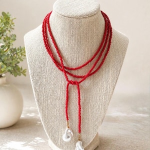 Red Glass Seed Bead Lariat Necklace with Baroque Pearl Pendants | Wrap Necklace | Game Day
