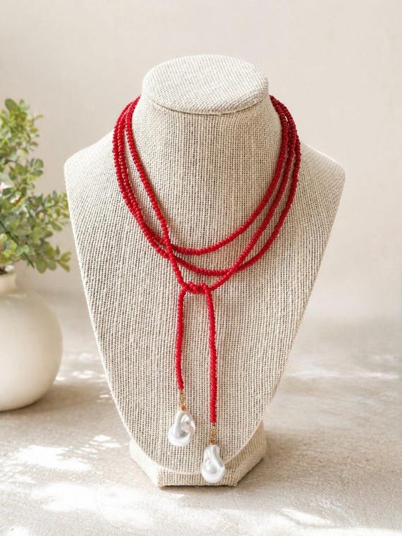 Red Glass Seed Bead Lariat Necklace with Baroque Pearl Pendants | Wrap Necklace | Game Day