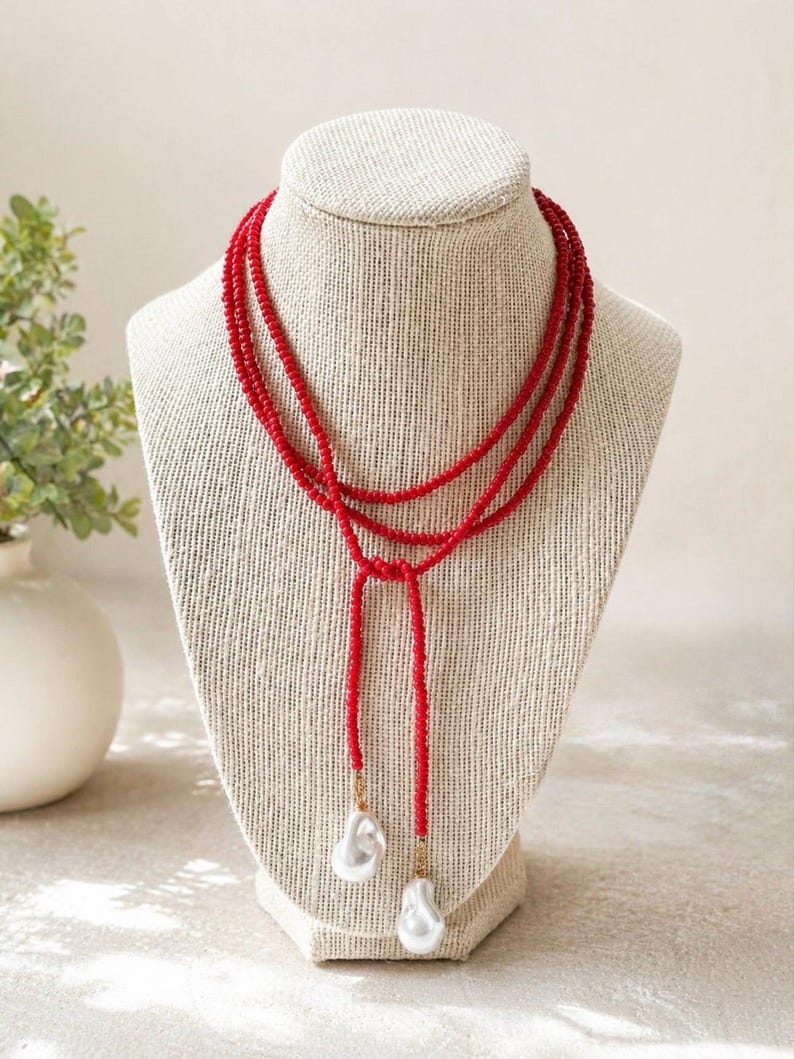 Red Glass Seed Bead Lariat Necklace with Baroque Pearl Pendants | 54” Long Wrap Necklace | Game Day | Rush Jewelry image 1
