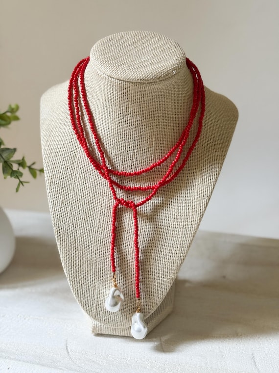 Red Glass Seed Bead Lariat Necklace with Baroque Pearl Pendants | Wrap Necklace | Game Day