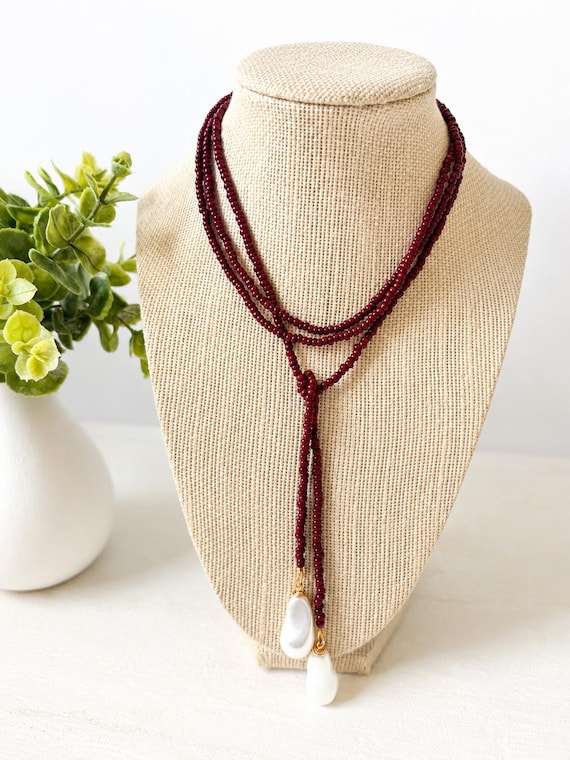 Dark Brown Glass Seed Bead Lariat Necklace with Faux Baroque Pearl Pendants | 54” Long Wrap Necklace | Rush Jewelry