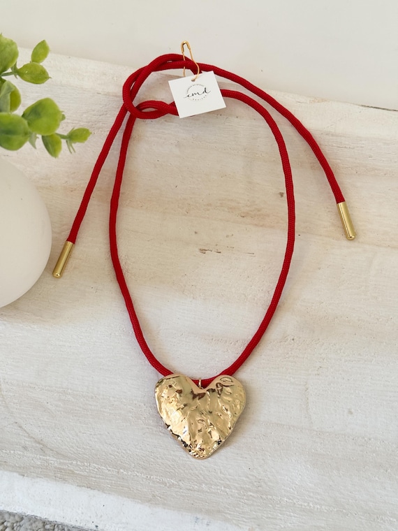 Red Cord Necklace With Hammered Gold Heart Pendant