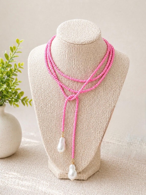 Pink Glass Seed Bead Lariat Necklace with Baroque Pearl Pendants | Wrap Necklace | Graduation Gift