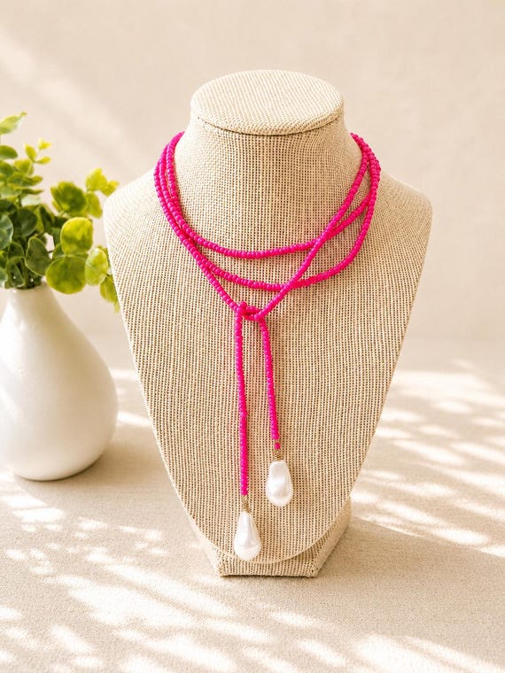 Hot Pink Glass Seed Bead Lariat Necklace | Baroque Shell Pearl Pendants | 54” Long Wrap