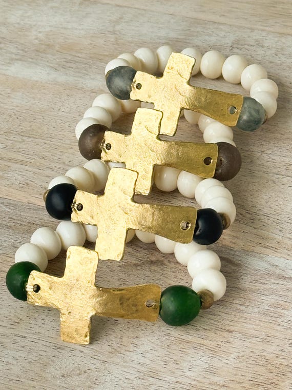 Hammered Gold Cross, Off White Bone and Glass Bead Stretch Bracelet - Black, Brown, Grey/Blue or Green