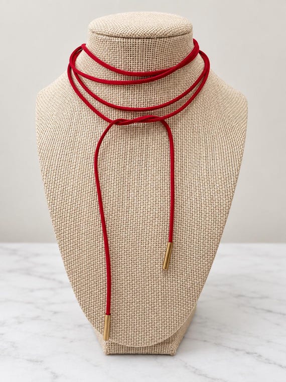 Long Red Suede Cord Wrap Necklace with Gold Ends | Game Day
