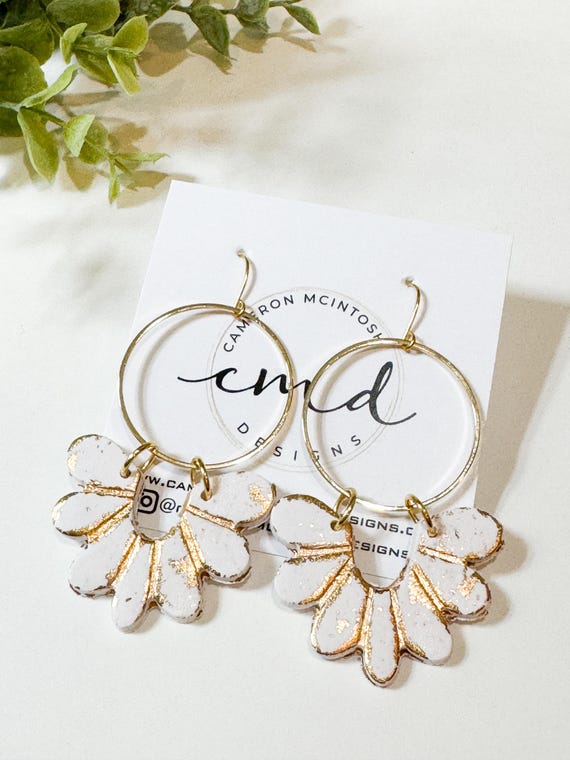 White and Gold Polymer Clay, Gold Leaf and Circle Drop Earrings on Gold Hooks