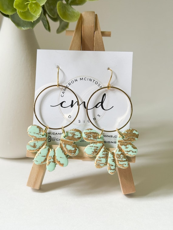 Mint Green and Gold Polymer Clay, Gold Leaf and Circle Drop Earrings on Gold Hooks