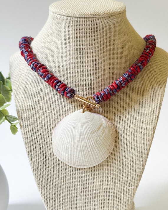 Red, White and Blue Bead  Necklace | Front Toggle Clasp | White Shell Pendant