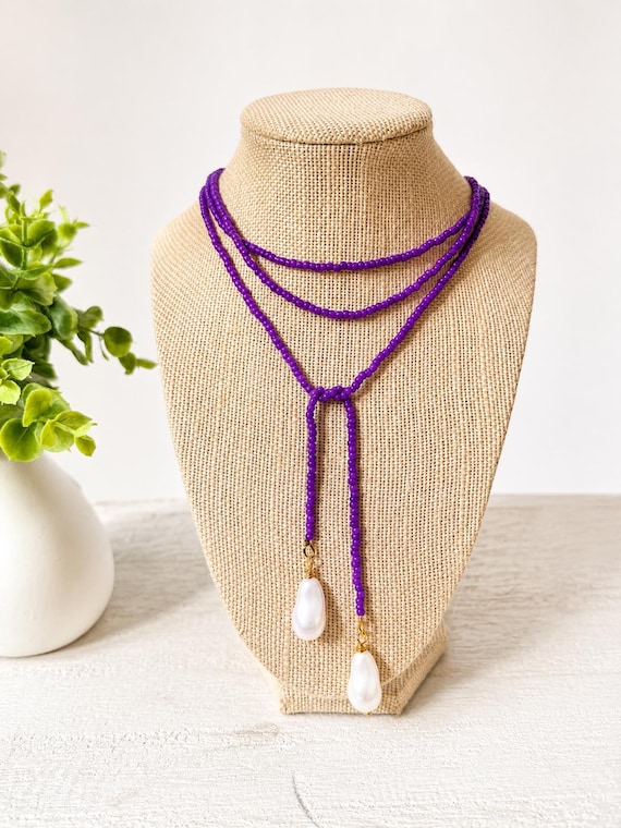 Purple Glass Bead Lariat Necklace with Faux Baroque Pearl Pendants | 54” Wrap Necklace | Rush Jewelry | Game Day