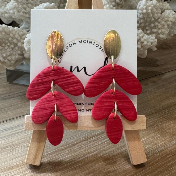 Red Leaf Polymer Clay Earrings on Gold Post