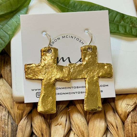 Hammered Gold Pewter Cross Earings