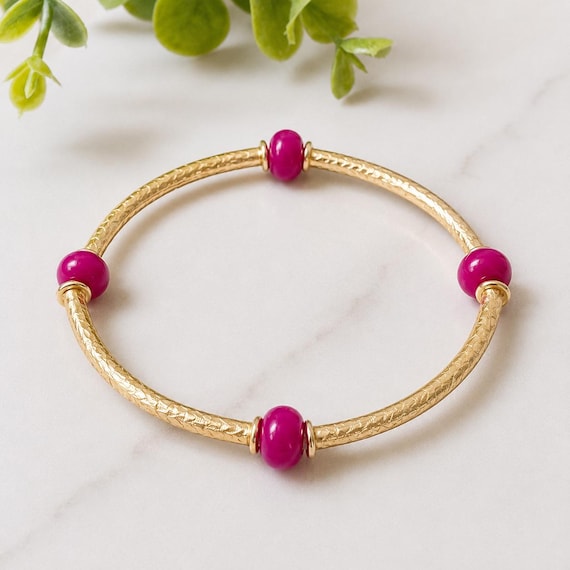 Gold Tube + Fuchsia Pink Glass Candy Bead Stretch Bracelet | Bangle | Stackable Beaded | Summer Bracelet | Everyday Jewelry | Gifts For Her