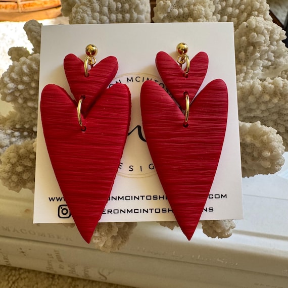 Textured Red Polymer Clay Double Heart Earrings || Gold Post