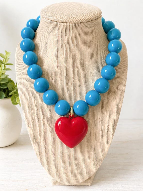 Turquoise Beaded Necklace with Red Puffy Heart Pendant | Statement Heart Necklace | Chunky Acrylic Bead Necklace