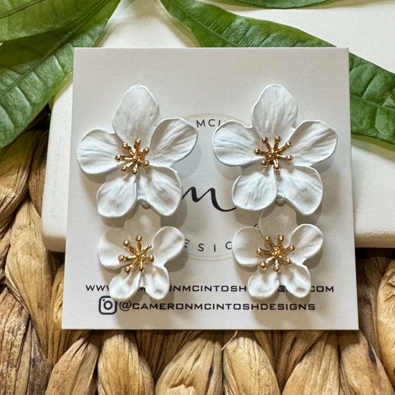 White Double Flower Earrings