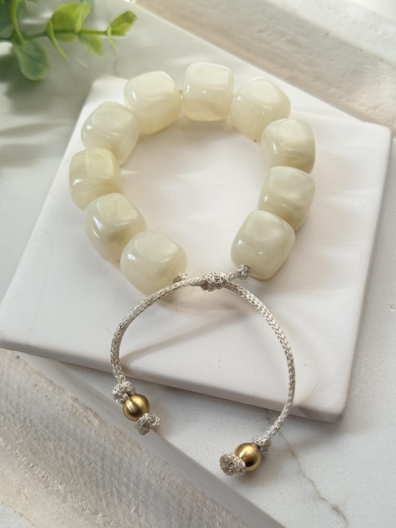 Adjustable Off White Acrylic + Gold Bead Cord Bracelet | Chunky Bracelet | Summer Statement Bracelet