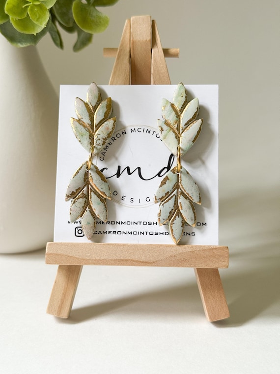 Pastel and Gold Leaf Polymer Clay Double Leaf Earrings on Post | Hints of Pink, Mint and White | Lightweight