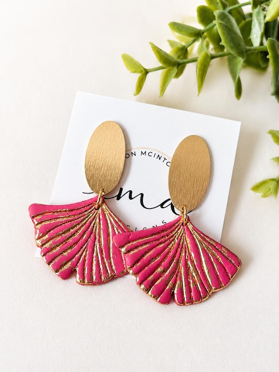 Hot Pink Ginkgo Leaf Earrings | Handmade Polymer Clay Earrings with Gold Foil | Statement Earrings | Summer Jewelry | Lightweight