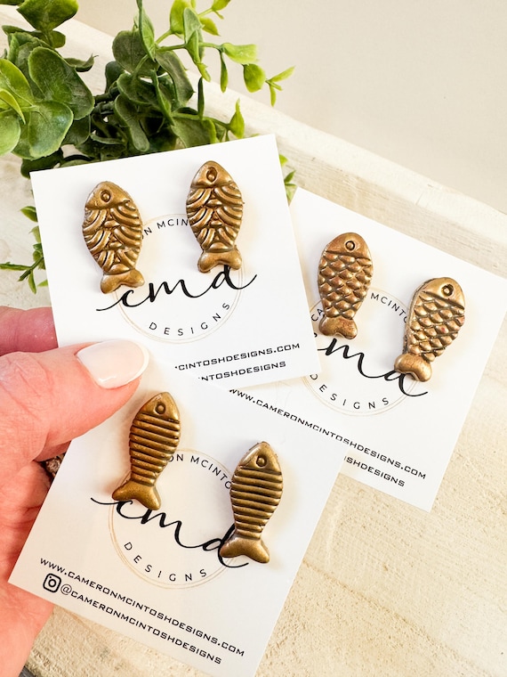 Gold Polymer Clay Fish Stud Earrings | Lightweight Summer Earrings