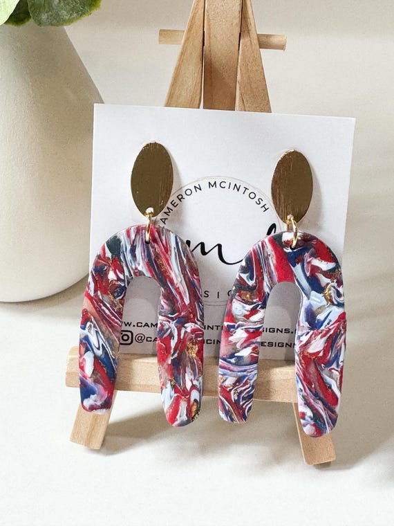 Red White and Blue Arch Shaped Polymer Clay Earrings on Oval Gold Post | Lightweight | 4th of July | Ole Miss