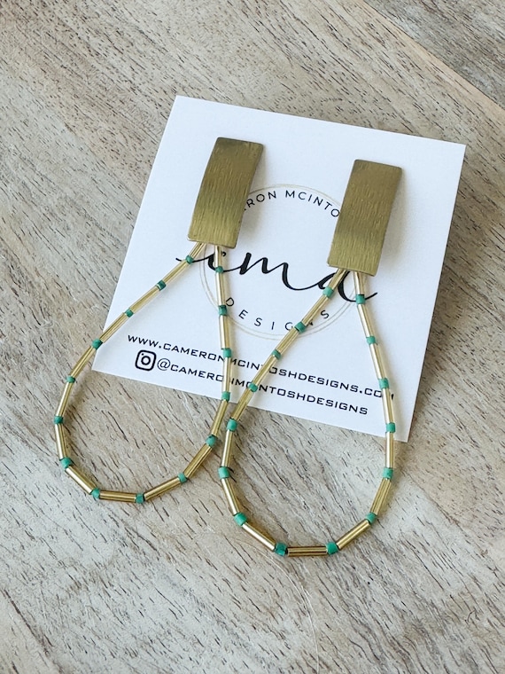 Gold Glass Tube + Turquoise Seed Bead Teardrop Earrings on Gold Rectangular Post | Lightweight Statement Earrings