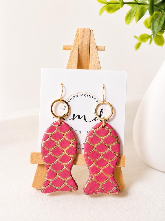 Hot Pink Fish Earrings | Handmade Polymer Clay Earrings with Gold Foil | Coastal Statement Earrings | Beach Jewelry | Lightweight