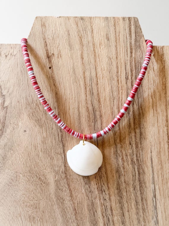 Short Vinyl Disc Bead Necklace with White Shell Pendant | Burnt Red, Orange, White | Layering Summer Necklace