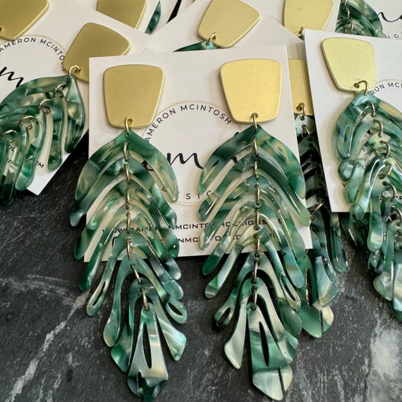 Green Acetate Leaf Earrings on Gold Post