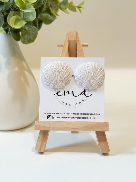 Polymer Clay Seashell Stud Earrings | White with Gold Flecks | Shell | Beachy | Summer