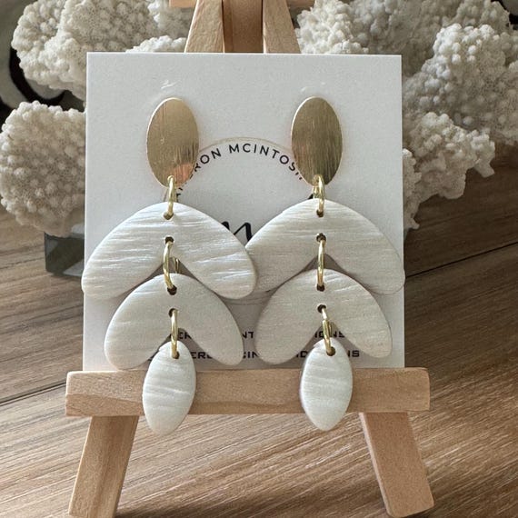 White Leaf Polymer Clay Earrings on Gold Post