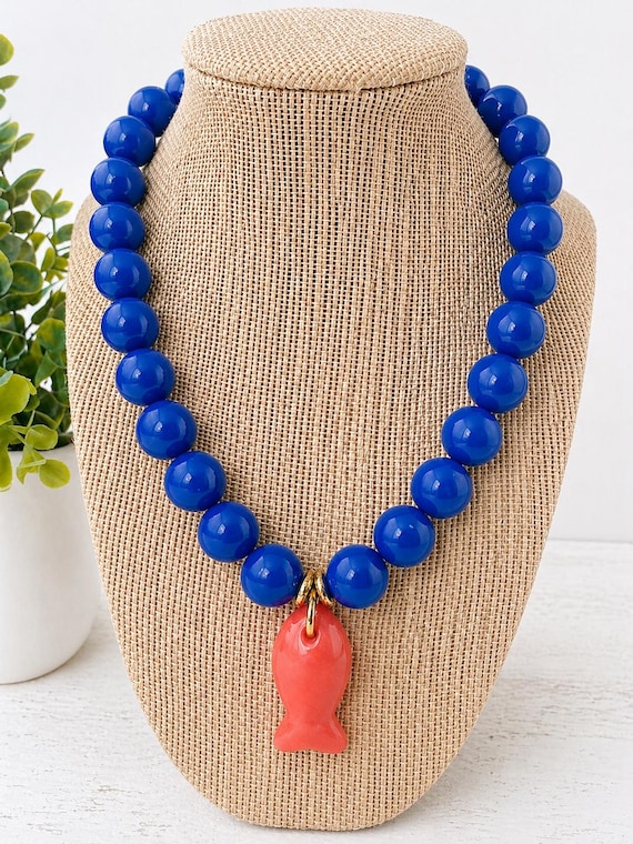 Bright Royal Blue Acrylic Beads + Orange Polymer Clay and Resin Fish Pendant Necklace
