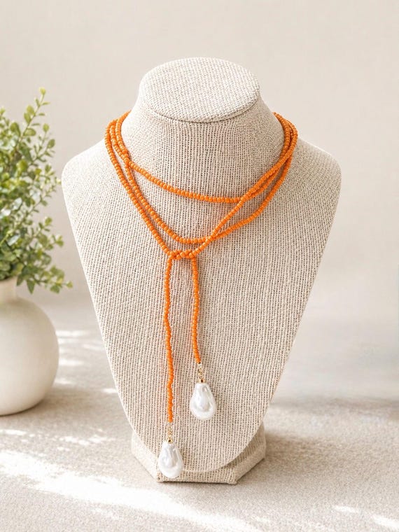 Orange Glass Seed Bead Lariat Necklace with Baroque Pearl Pendants | Wrap Necklace | Game Day | Graduation Gift