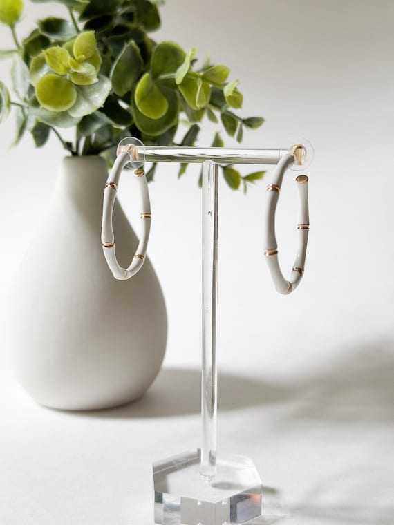 White and Gold Bamboo Enamel Hoop Post Earrings | Summer Hoops | Everyday Hoop Earrings