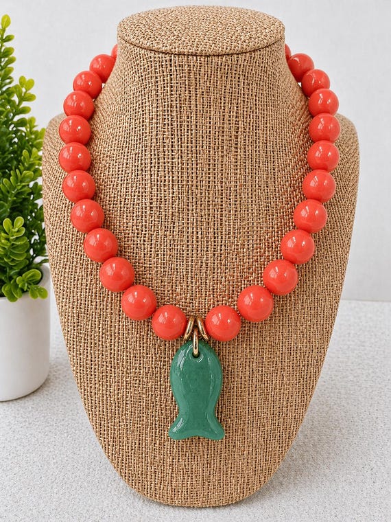 Bright Orange Acrylic Beads + Turquoise Green Polymer Clay and Resin Fish Pendant Necklace