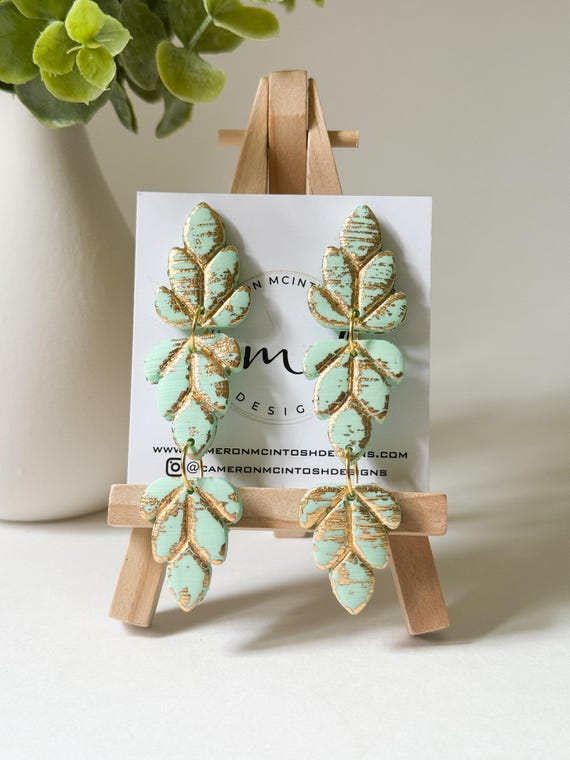 Mint Green and Gold Leaf Polymer Clay Earrings on Post | Statement | Summer | Long